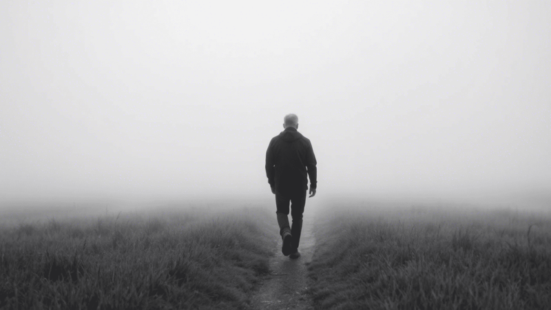 Persona caminando entre la niebla representando evasión emocional