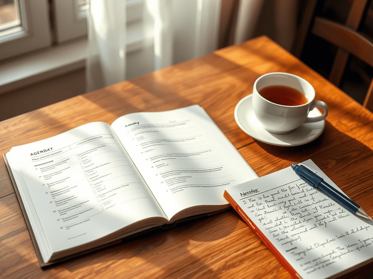 Agenda abierta, una taza de té y una libreta con anotaciones reflexivas sobre cuidar la salud mental antes de tocar fondo