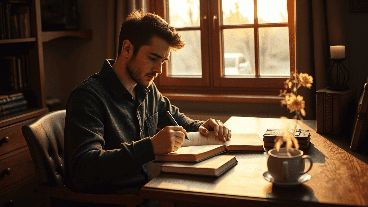 Persona escribiendo en un diario con taza de té