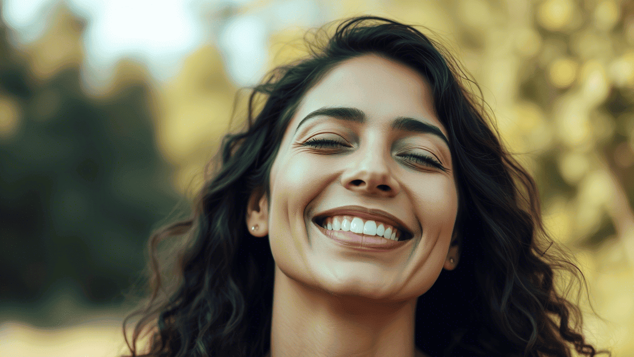 Persona sonriendo con tranquilidad en un entorno natural