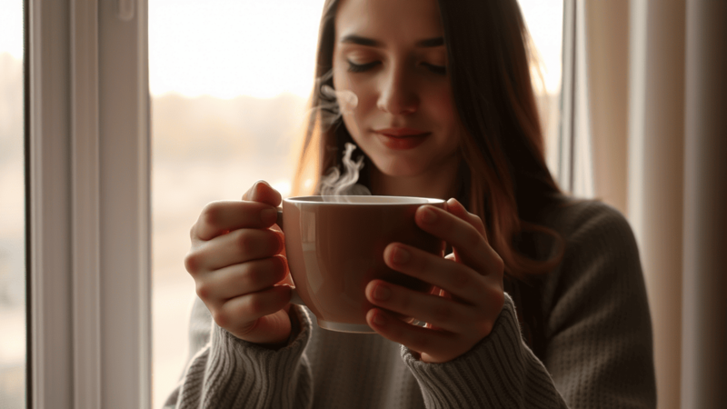 Persona sosteniendo una taza caliente frente a una ventana abierta
